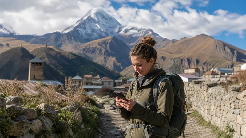 Traveller using a smartphone in Stepantsminda below Mount Kazbek