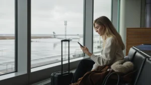 Traveller using a smartphone in Vík