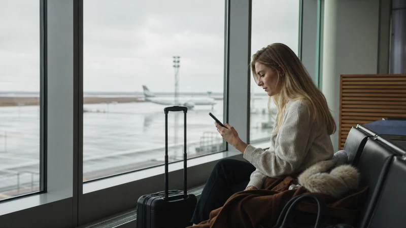 Traveller using a smartphone in Vík