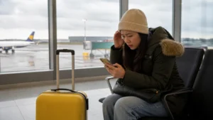 Traveller using a smartphone in Vík
