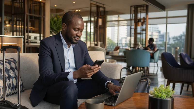 Traveller using a smartphone during a trip in Kenya