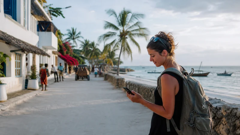 Traveller using a smartphone during a trip in Kenya