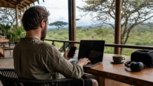 Traveller using a smartphone during a trip in Kenya