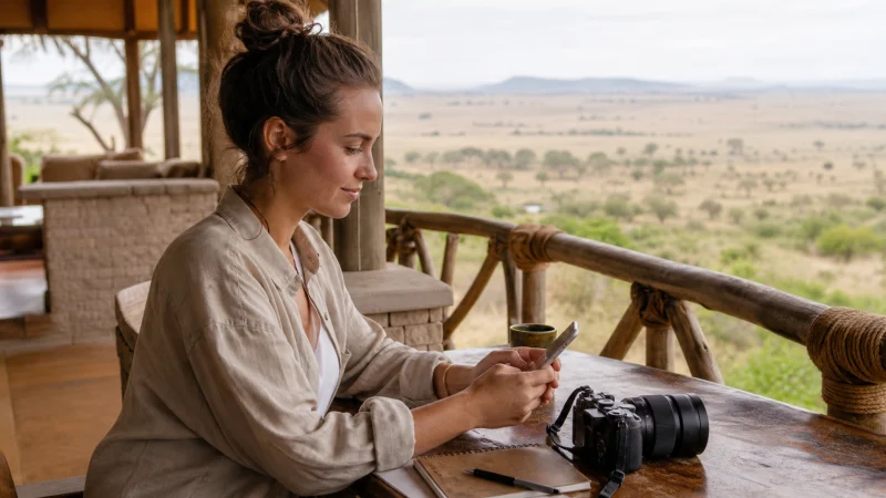 Traveller using a smartphone during a trip in Kenya