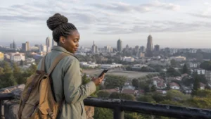 Traveller using a smartphone during a trip in Kenya
