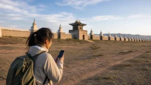 Traveller using a smartphone in Mongolia for kharkhorin mobile internet
