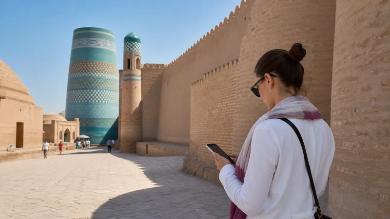 Traveller using a smartphone near Khiva old city walls