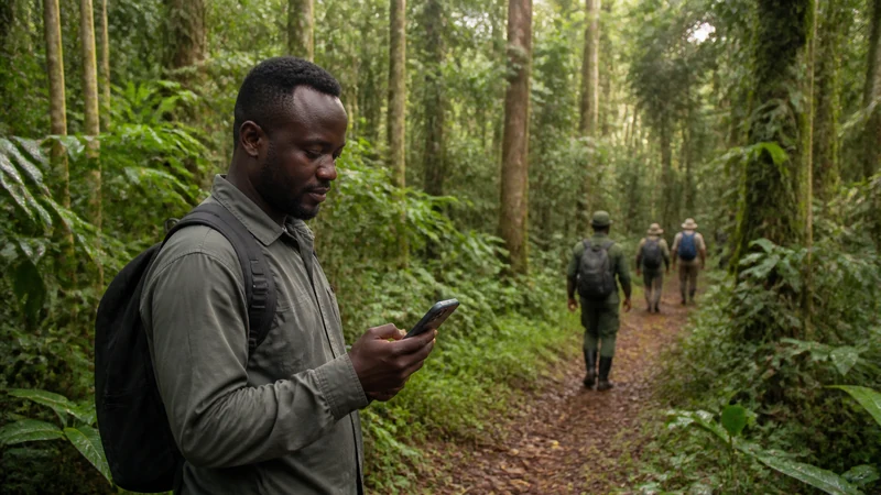 Traveller checking a smartphone on a forest trail in Kibale National Park.