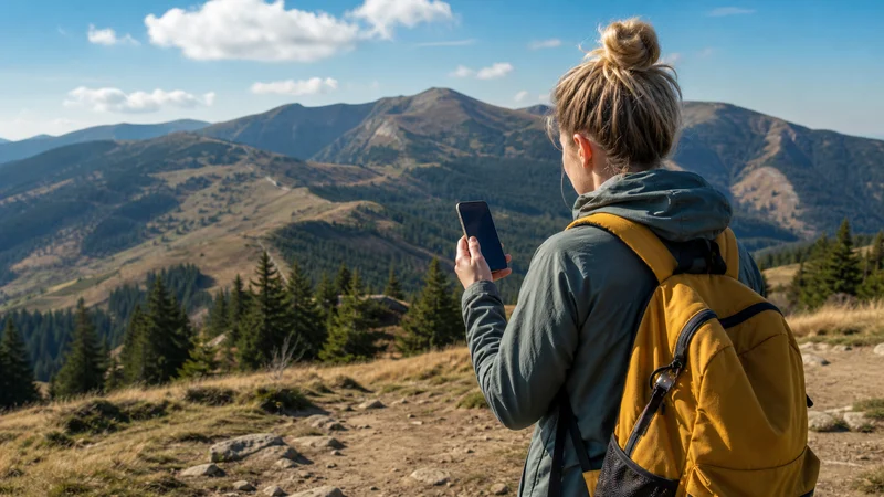 Traveller using a smartphone during mobile internet for visiting kopaonik in Serbia.