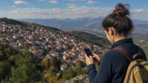 Traveller using a smartphone during mobile internet for a kruševo day trip in North Macedonia.