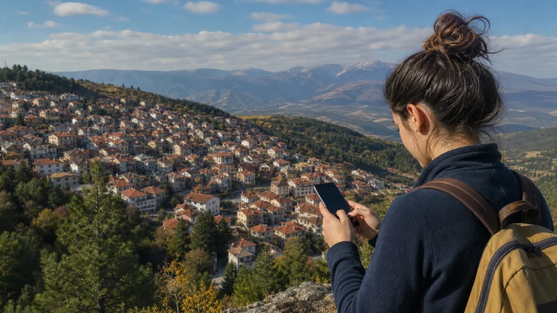 Traveller using a smartphone during mobile internet for a kruševo day trip in North Macedonia.