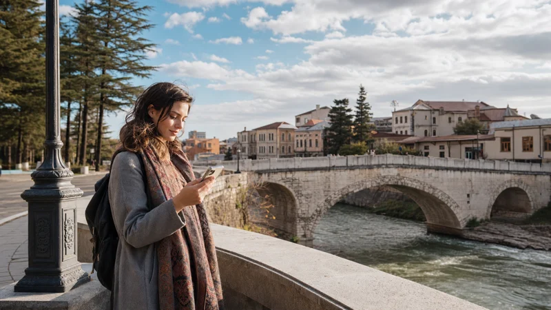 Traveller checking a smartphone beside the Rioni River in Kutaisi