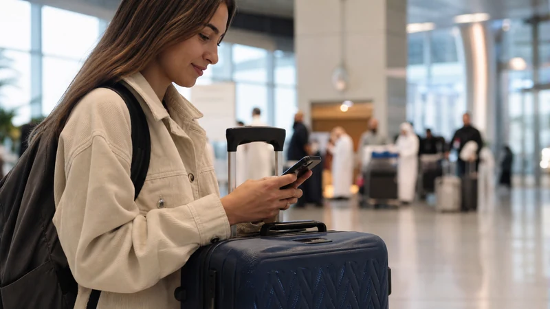 Traveller using a smartphone in a Kuwait setting related to setting up your esim after landing at kuwait airport