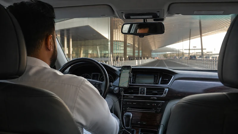 Traveller using a smartphone in a Kuwait setting related to getting mobile data from kuwait airport to the city