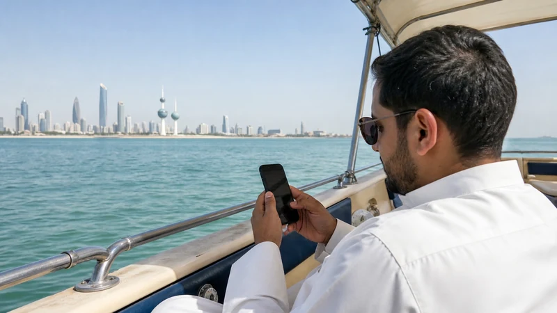 Traveller using a smartphone in a Kuwait setting related to can you rely on mobile data during a kuwait boat trip?