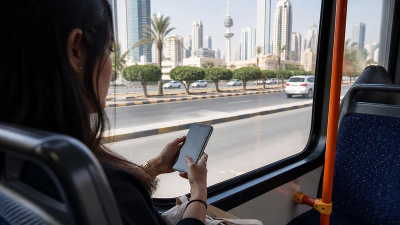 Traveller using a smartphone in a Kuwait setting related to using maps and mobile data on kuwait’s buses
