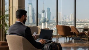 Traveller using a smartphone in a Kuwait setting related to reliable mobile internet for business travel in kuwait