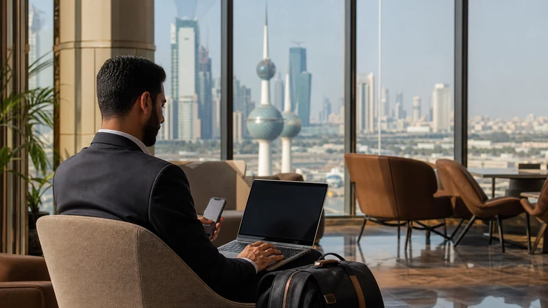 Traveller using a smartphone in a Kuwait setting related to reliable mobile internet for business travel in kuwait