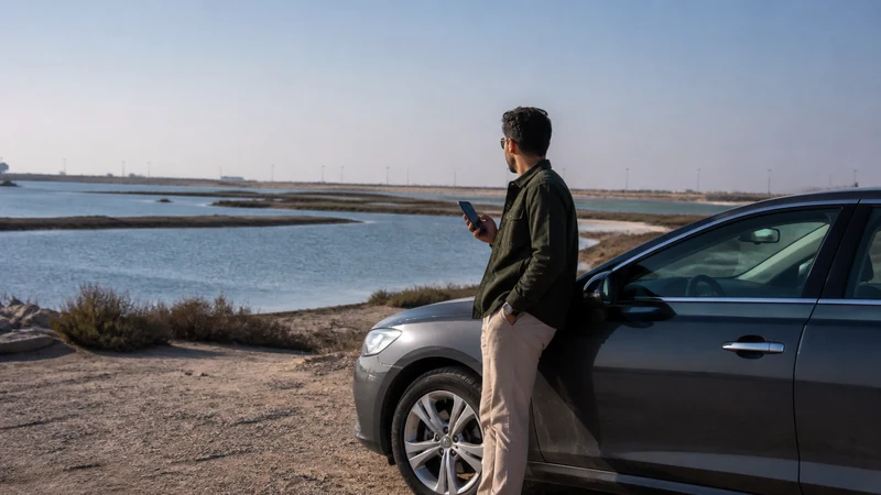 Traveller using a smartphone in a Kuwait setting related to mobile data on the road from kuwait city to al khiran