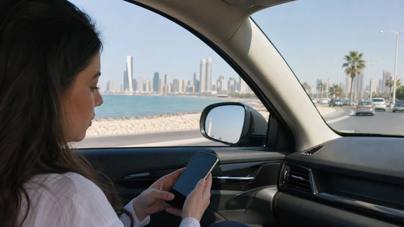 Traveller using a smartphone in a Kuwait setting related to mobile internet between kuwait city and salmiya