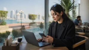 Traveller using a smartphone in a Kuwait setting related to working remotely from kuwait: a practical internet guide