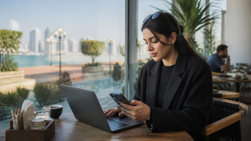 Traveller using a smartphone in a Kuwait setting related to working remotely from kuwait: a practical internet guide