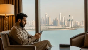 Traveller using a smartphone in a Kuwait setting related to setting up a kuwait esim on android