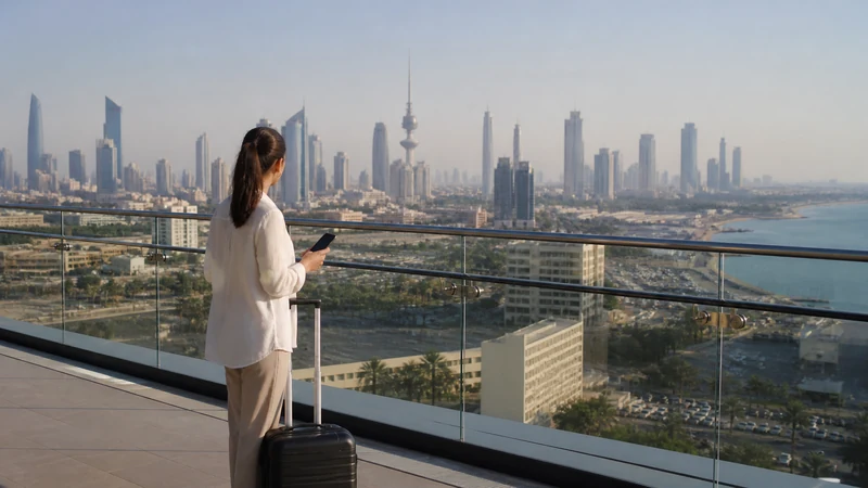 Traveller using a smartphone in a Kuwait setting related to is a kuwait esim worth it for a short stopover?