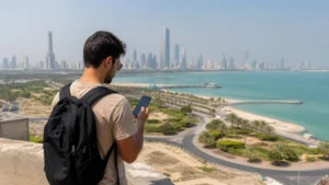 Traveller using a smartphone in a Kuwait setting related to what mobile coverage can travellers expect in kuwait?