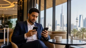 Traveller using a smartphone in a Kuwait setting related to using a kuwait esim without losing your main number