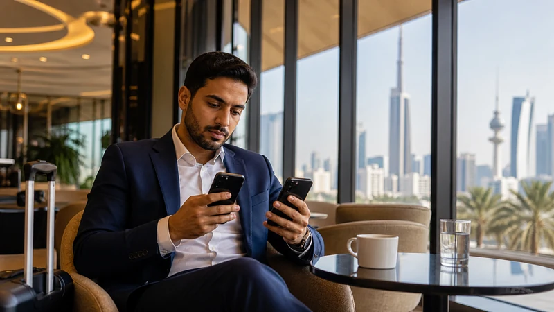 Traveller using a smartphone in a Kuwait setting related to using a kuwait esim without losing your main number
