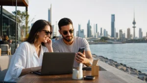 Traveller using a smartphone in a Kuwait setting related to can you share your kuwait esim data by hotspot?