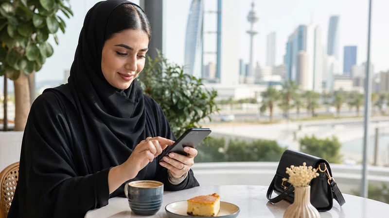 Traveller using a smartphone in a Kuwait setting related to setting up a kuwait esim on an iphone