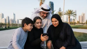 Traveller using a smartphone in a Kuwait setting related to keeping the family connected on a trip to kuwait