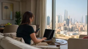 Traveller using a smartphone in a Kuwait setting related to staying connected during a longer visit to kuwait