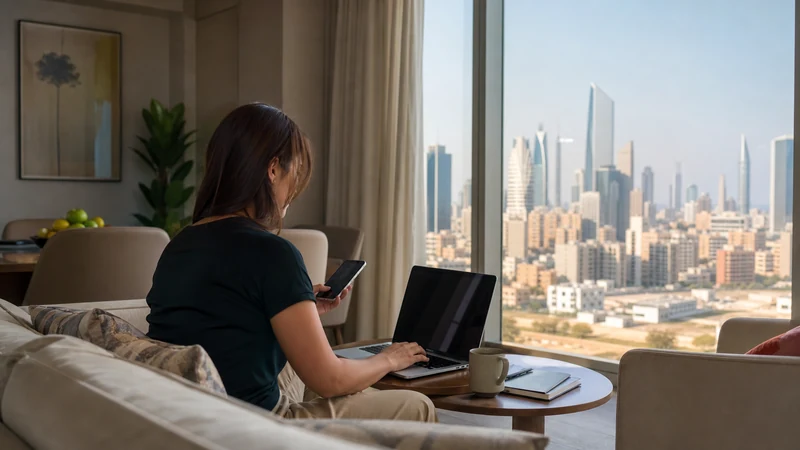 Traveller using a smartphone in a Kuwait setting related to staying connected during a longer visit to kuwait