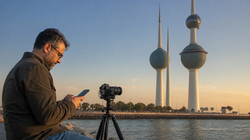 Traveller using a smartphone in a Kuwait setting related to staying online on a photography trip around kuwait