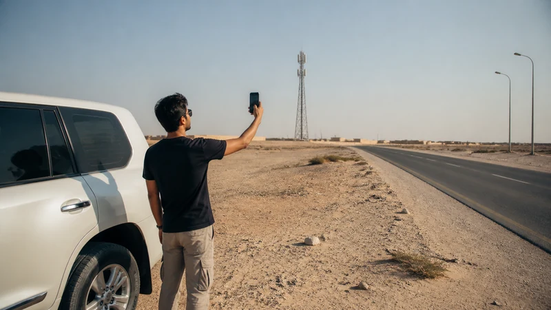 Traveller using a smartphone in a Kuwait setting related to mobile coverage beyond kuwait’s main urban areas
