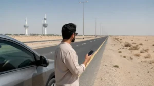 Traveller using a smartphone in a Kuwait setting related to how to prepare your phone for a kuwait road trip