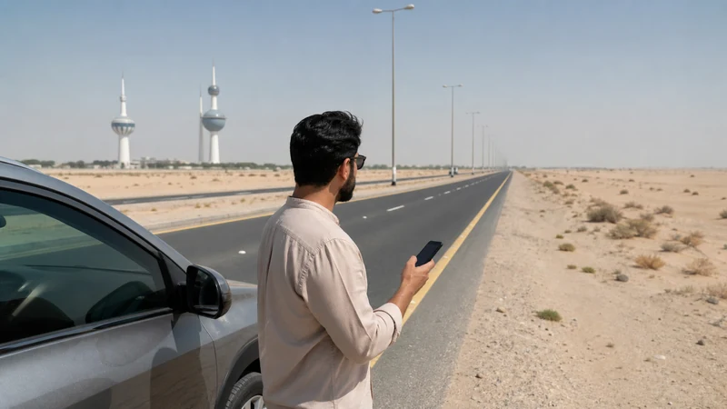 Traveller using a smartphone in a Kuwait setting related to how to prepare your phone for a kuwait road trip