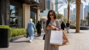 Traveller using a smartphone in a Kuwait setting related to mobile data for shopping, maps and payments in kuwait