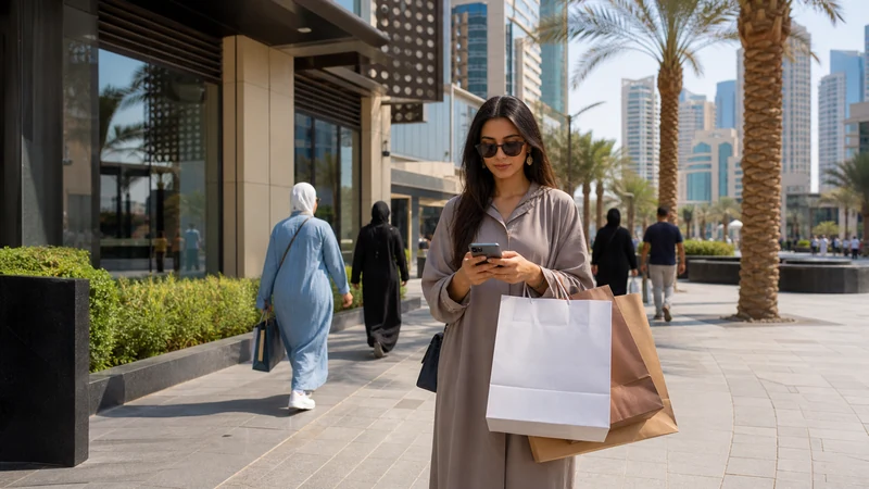 Traveller using a smartphone in a Kuwait setting related to mobile data for shopping, maps and payments in kuwait