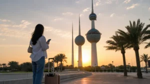 Traveller using a smartphone in a Kuwait setting related to mobile data for a weekend or short break in kuwait
