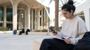 Traveller using a smartphone in a Kuwait setting related to mobile data advice for students visiting kuwait