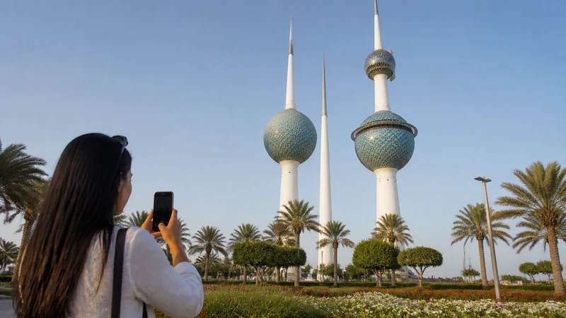 Traveller using a smartphone in a Kuwait setting related to using mobile data around the kuwait towers