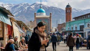 Traveller using a smartphone in Kyrgyzstan for kyrgyzstan esim android