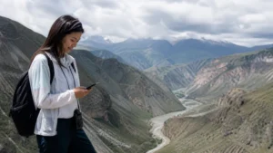 Traveller using a smartphone in Kyrgyzstan for kyrgyzstan esim coverage