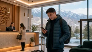 Traveller using a smartphone in Kyrgyzstan for kyrgyzstan esim dual sim
