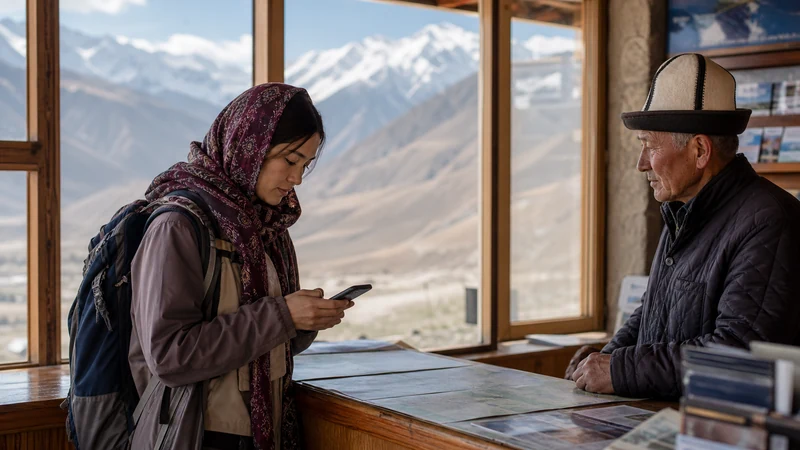 Traveller using a smartphone in Kyrgyzstan for kyrgyzstan esim for central asia trip