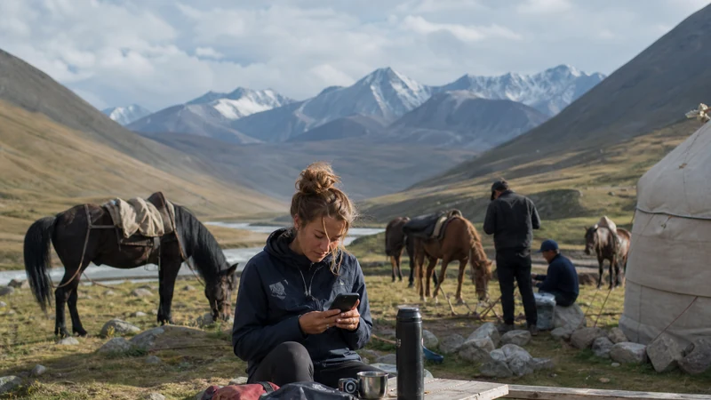 Traveller using a smartphone in Kyrgyzstan for kyrgyzstan esim for horse trekking